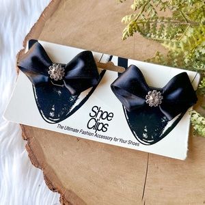 Pair Vintage Black Rhinestone Satin Bows Shoe Clips Maximalist NEW